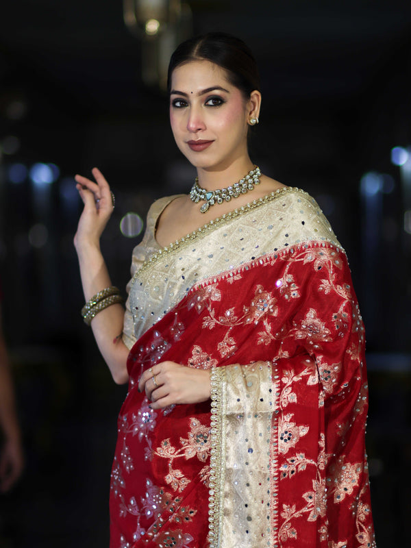 Banarasee Chiffon Saree With Hand Embroidered Mirror Work Zari Woven Design & Contrast Border-Red & Cream