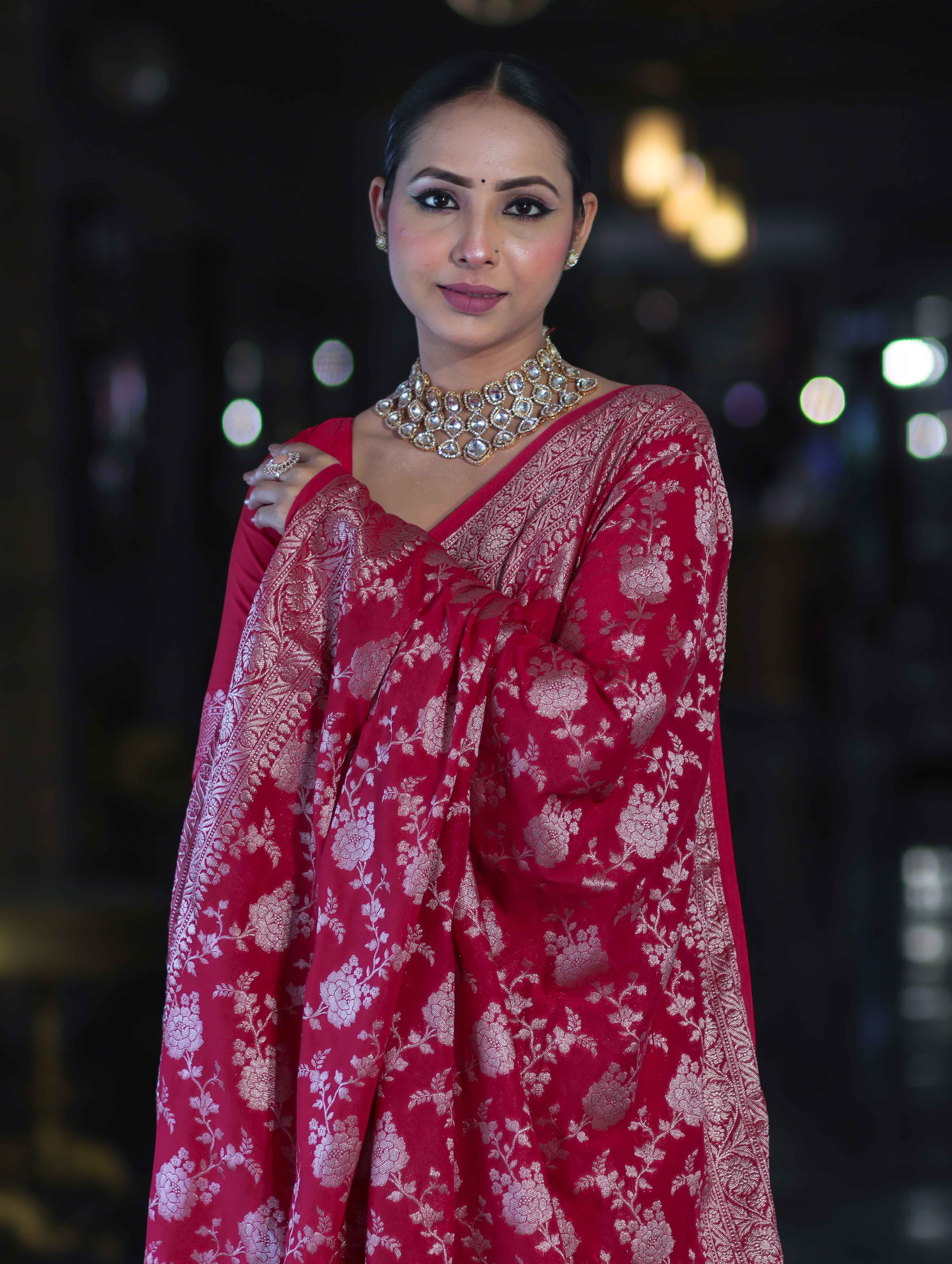 Banarasee Handwoven Georgette Saree With Zari Jaal Design & Border-Pink