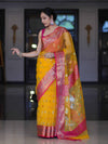 Banarasee Handwoven Organza Mix Saree With Resham Zari Work & Contrast Border-Yellow