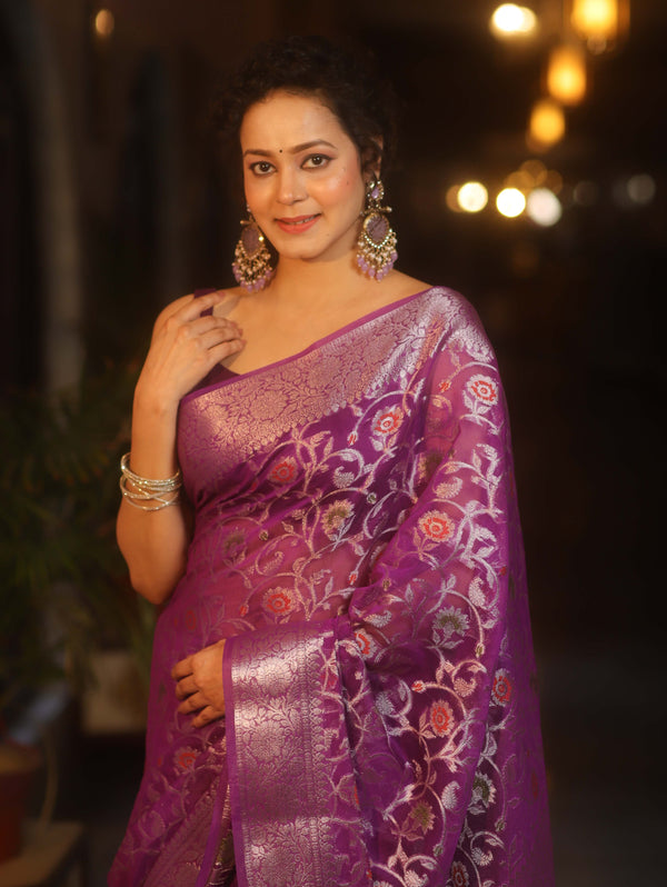 Banarasee Faux Georgette Saree With Sliver Zari & Resham Jaal Work-Violet