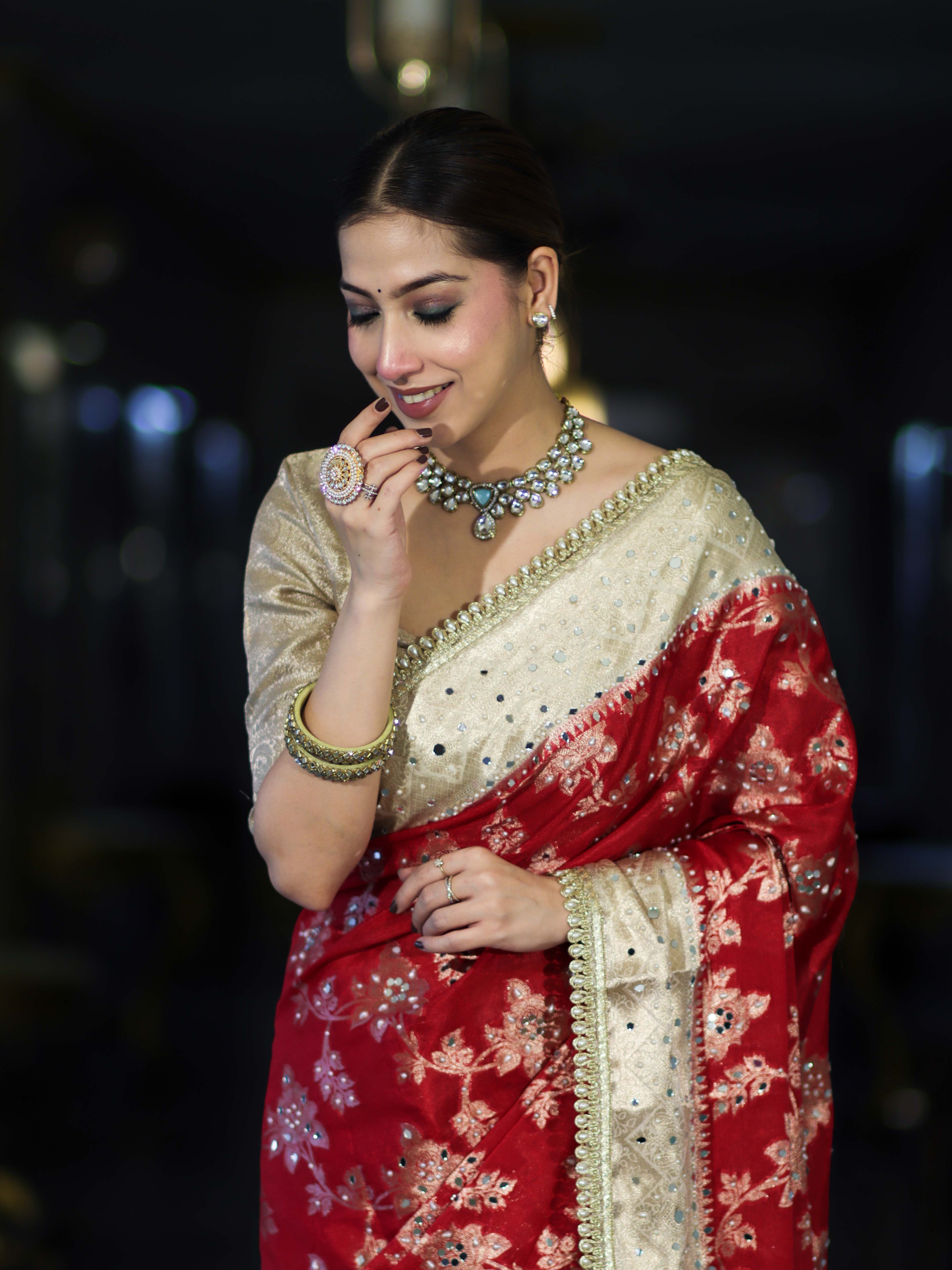 Banarasee Chiffon Saree With Hand Embroidered Mirror Work Zari Woven Design & Contrast Border-Red & Cream