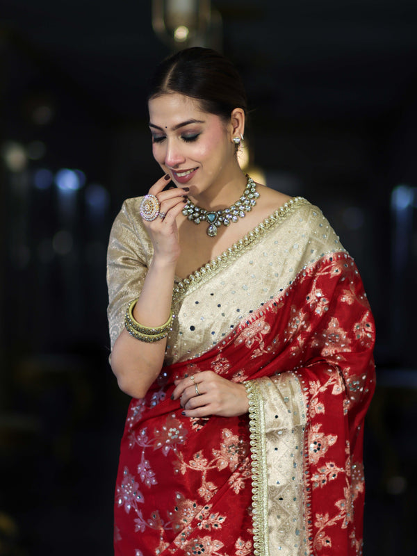 Banarasee Chiffon Saree With Hand Embroidered Mirror Work Zari Woven Design & Contrast Border-Red & Cream