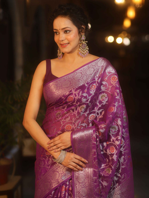 Banarasee Faux Georgette Saree With Sliver Zari & Resham Jaal Work-Violet