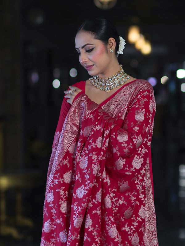 Banarasee Handwoven Georgette Saree With Zari Jaal Design & Border-Pink