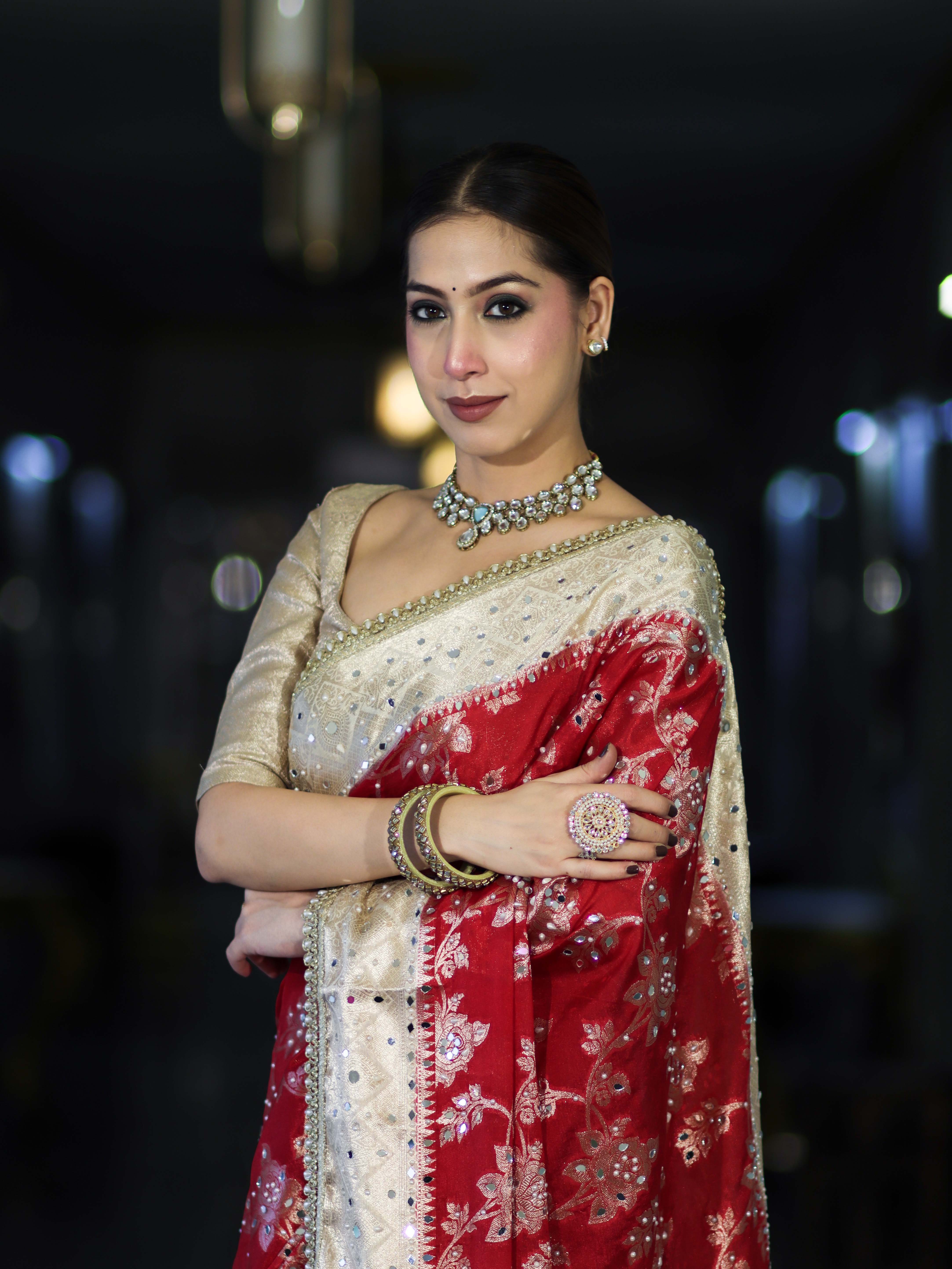 Banarasee Chiffon Saree With Hand Embroidered Mirror Work Zari Woven Design & Contrast Border-Red & Cream