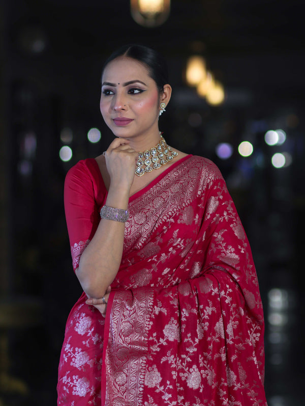 Banarasee Handwoven Georgette Saree With Zari Jaal Design & Border-Pink