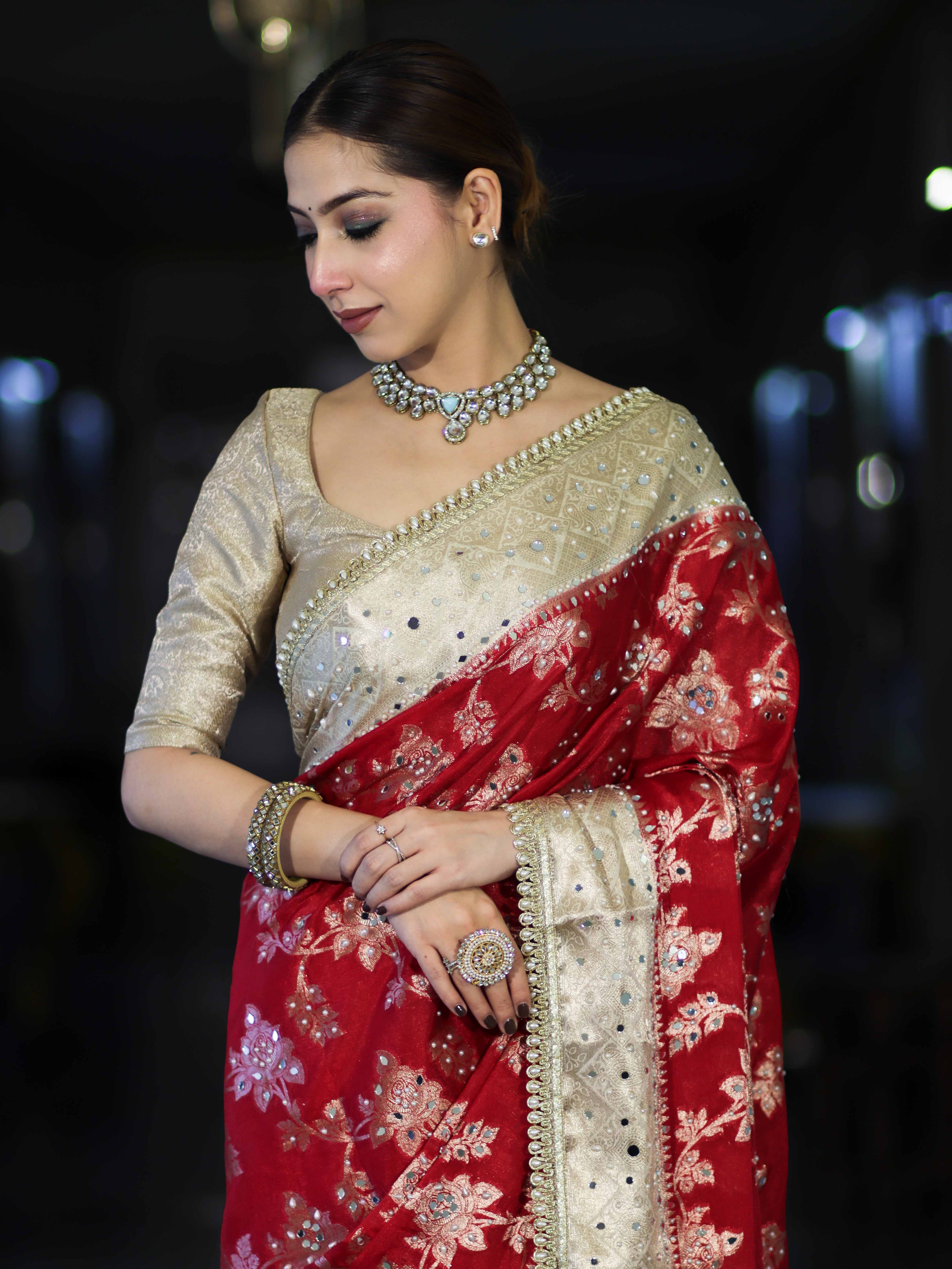 Banarasee Chiffon Saree With Hand Embroidered Mirror Work Zari Woven Design & Contrast Border-Red & Cream