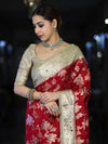 Banarasee Chiffon Saree With Hand Embroidered Mirror Work Zari Woven Design & Contrast Border-Red & Cream
