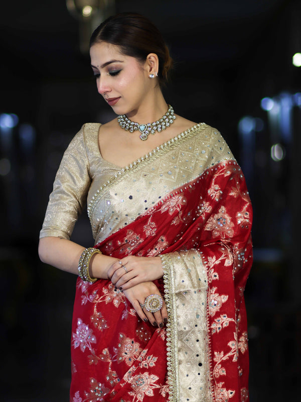 Banarasee Chiffon Saree With Hand Embroidered Mirror Work Zari Woven Design & Contrast Border-Red & Cream