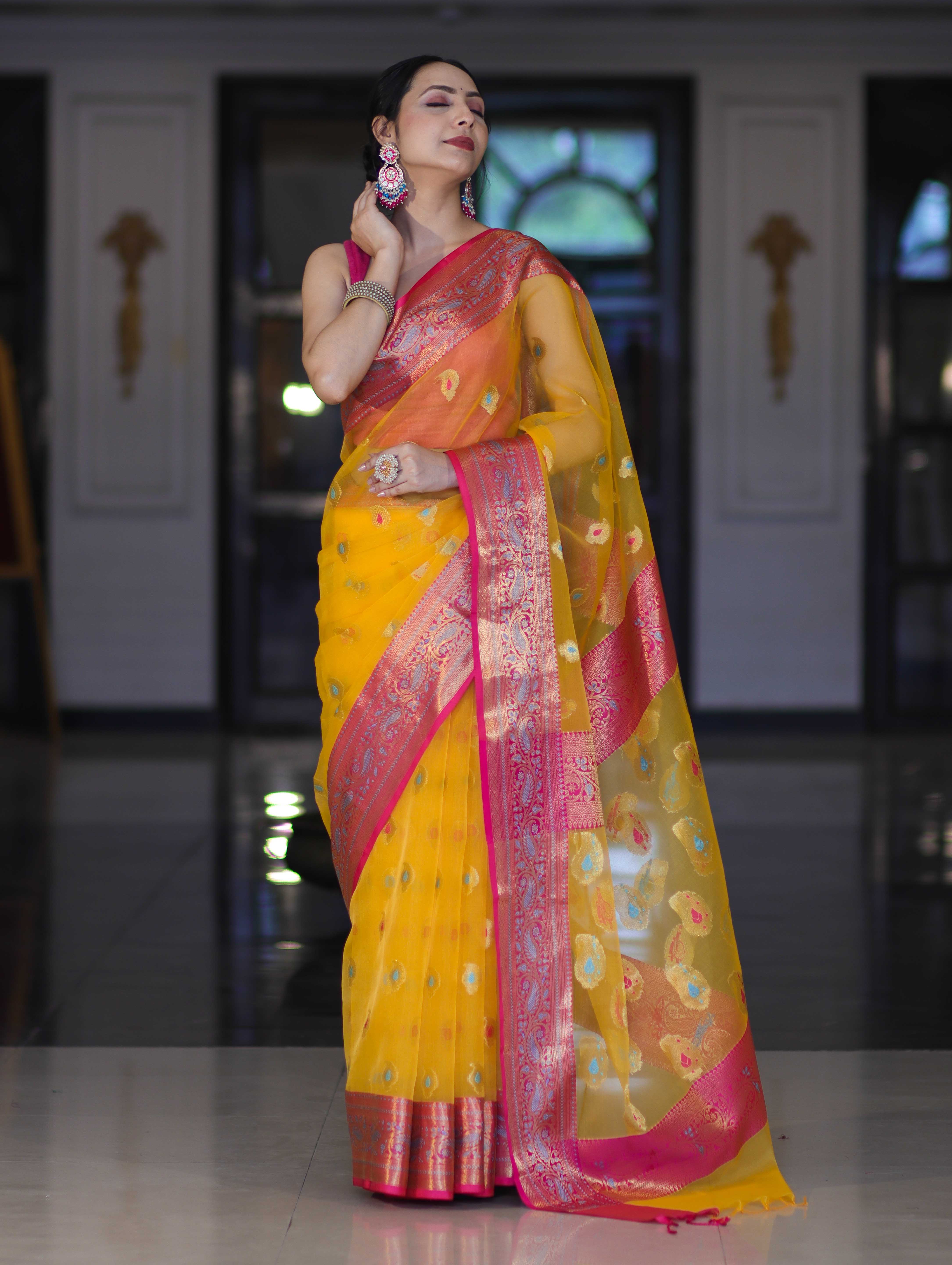 Banarasee Handwoven Organza Mix Saree With Resham Zari Work & Contrast Border-Yellow