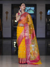 Banarasee Handwoven Organza Mix Saree With Resham Zari Work & Contrast Border-Yellow