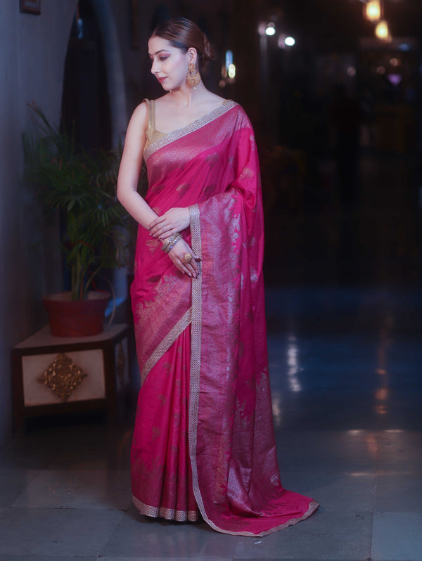 Banarasee Handwoven Silk Cotton Saree Antique Zari Buti & Border With Lace-Pink