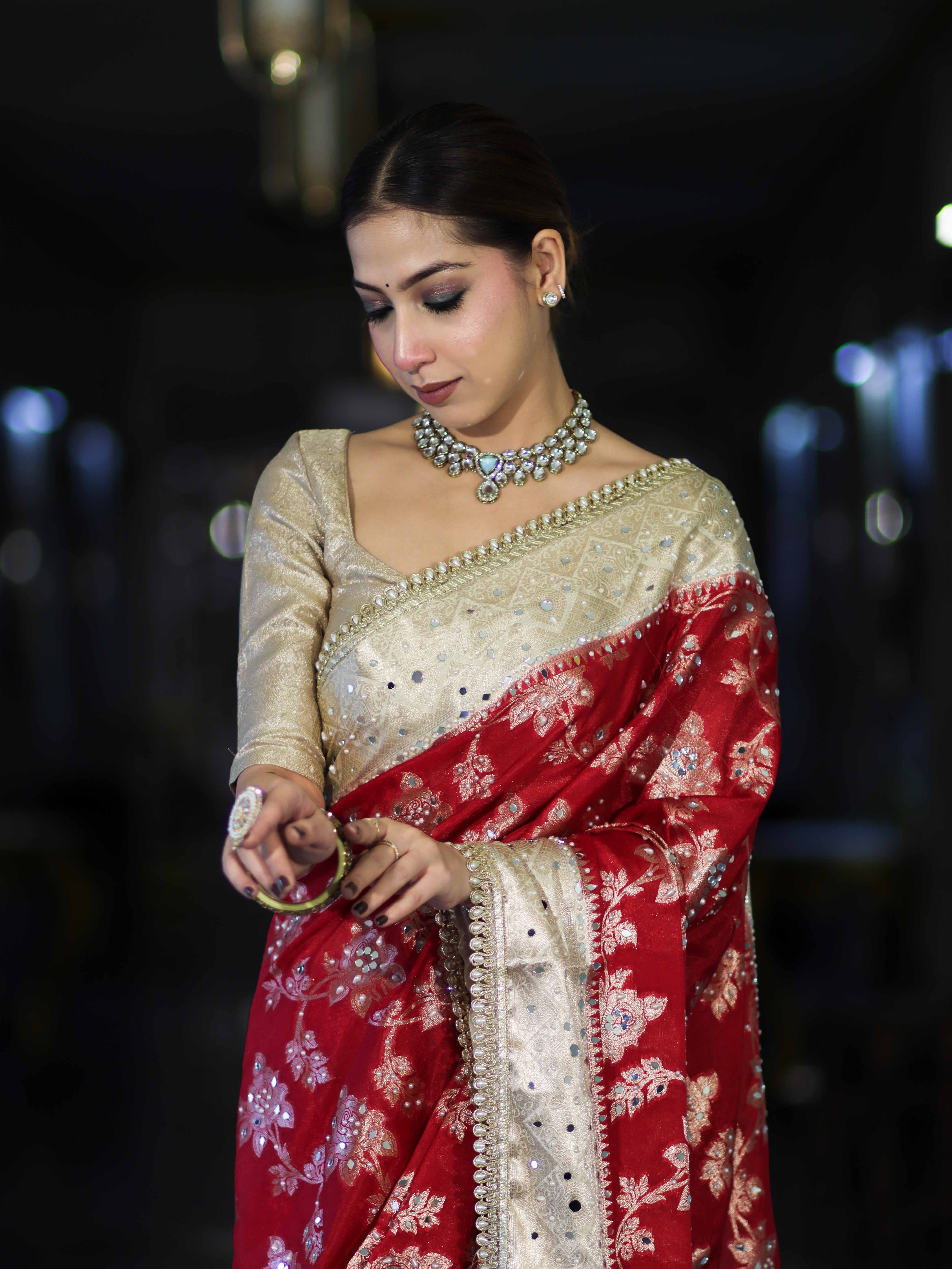 Banarasee Chiffon Saree With Hand Embroidered Mirror Work Zari Woven Design & Contrast Border-Red & Cream