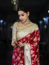Banarasee Chiffon Saree With Hand Embroidered Mirror Work Zari Woven Design & Contrast Border-Red & Cream