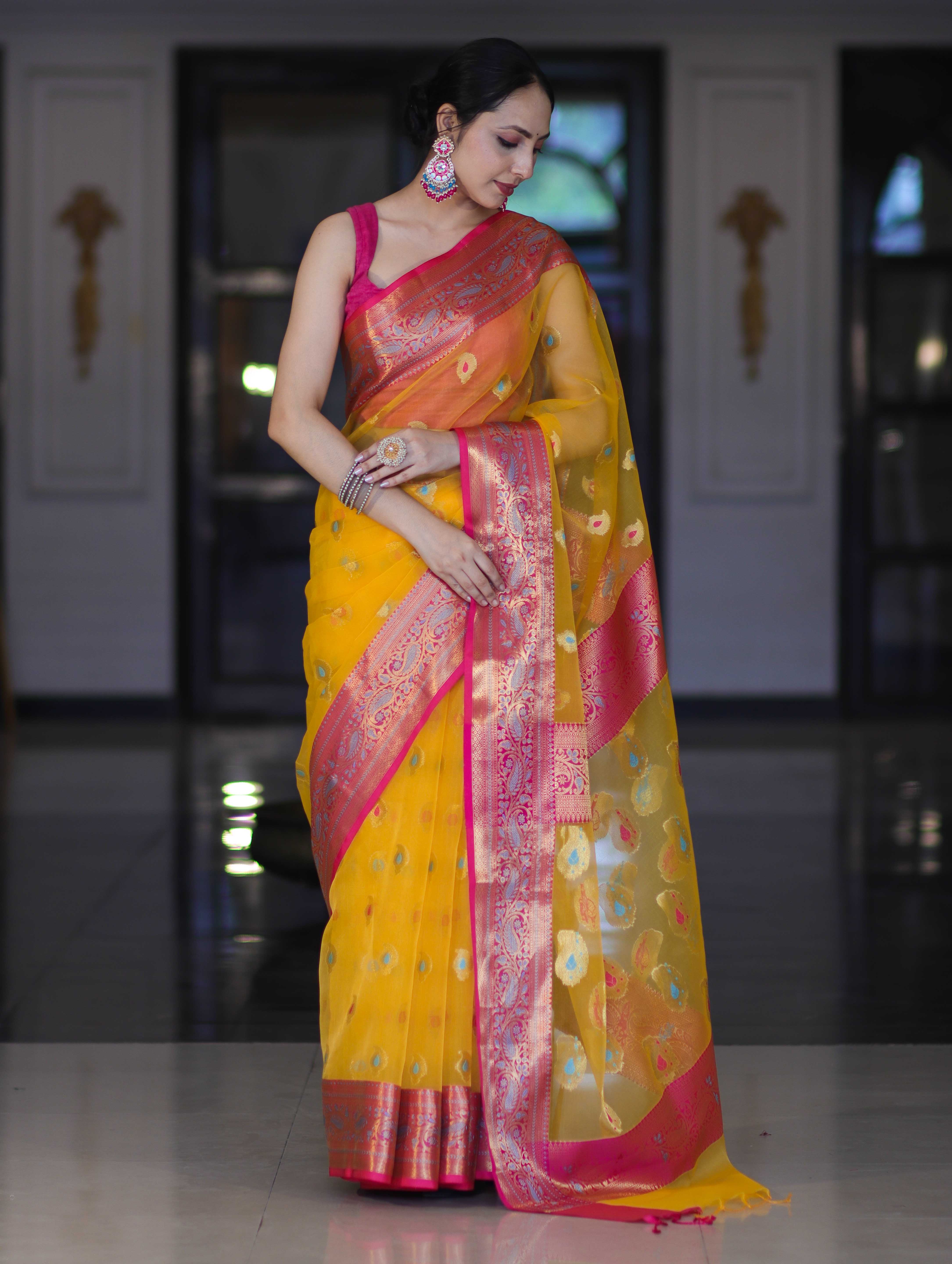 Banarasee Handwoven Organza Mix Saree With Resham Zari Work & Contrast Border-Yellow