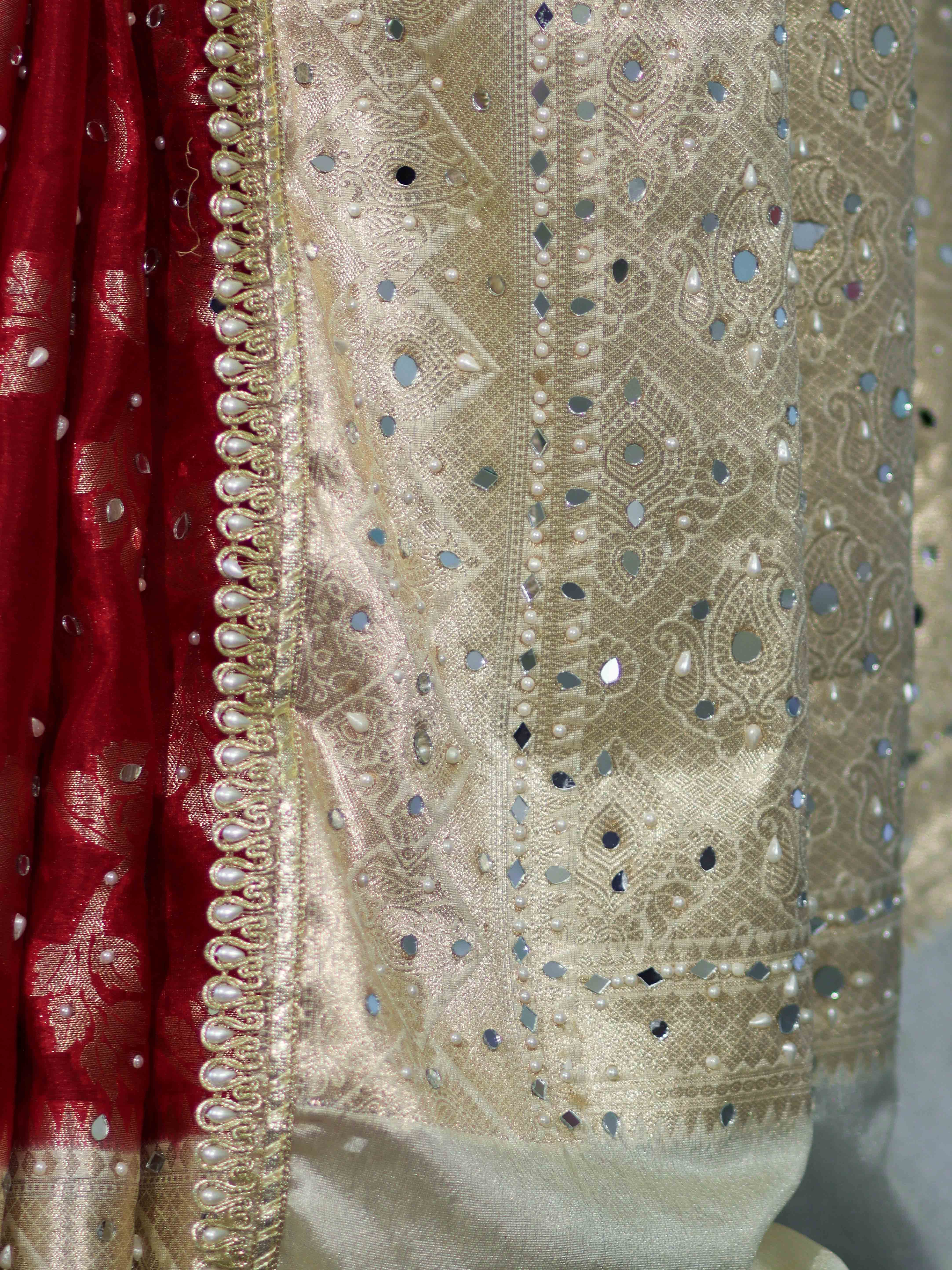 Banarasee Chiffon Saree With Hand Embroidered Mirror Work Zari Woven Design & Contrast Border-Red & Cream