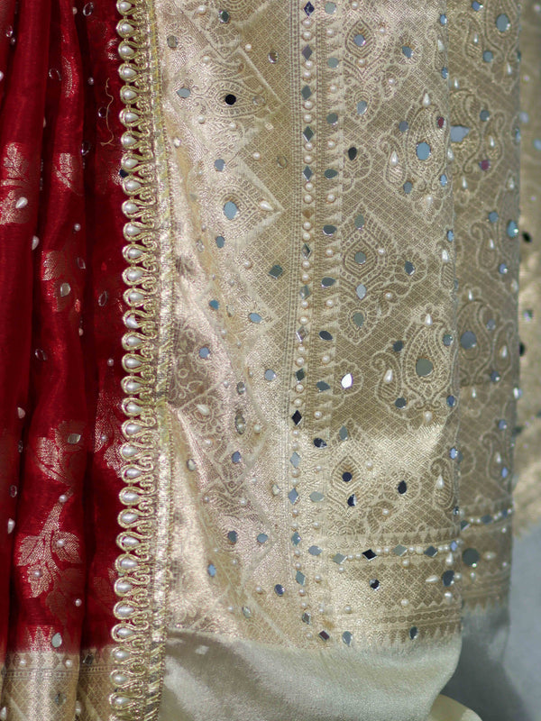 Banarasee Chiffon Saree With Hand Embroidered Mirror Work Zari Woven Design & Contrast Border-Red & Cream
