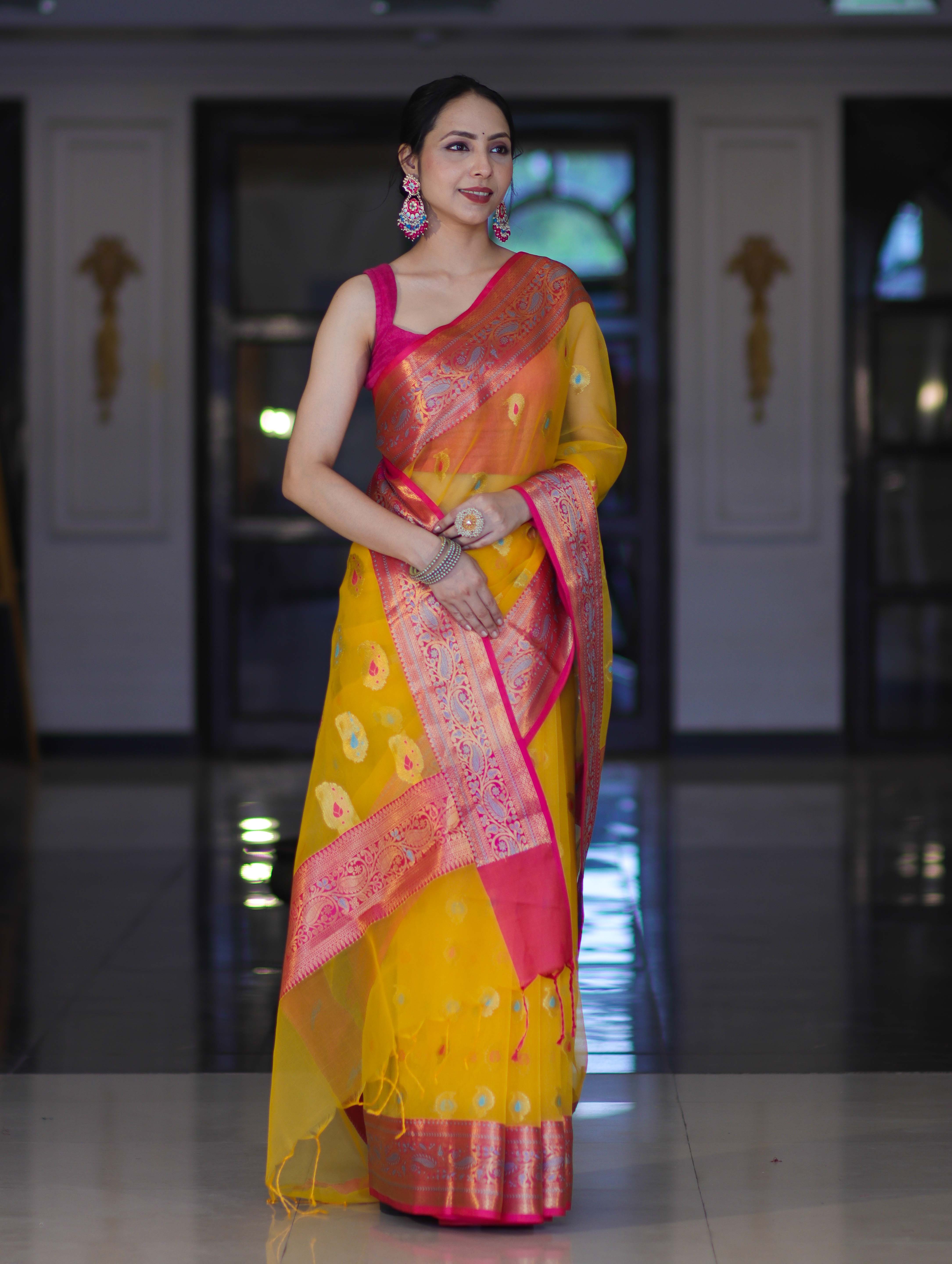 Banarasee Handwoven Organza Mix Saree With Resham Zari Work & Contrast Border-Yellow