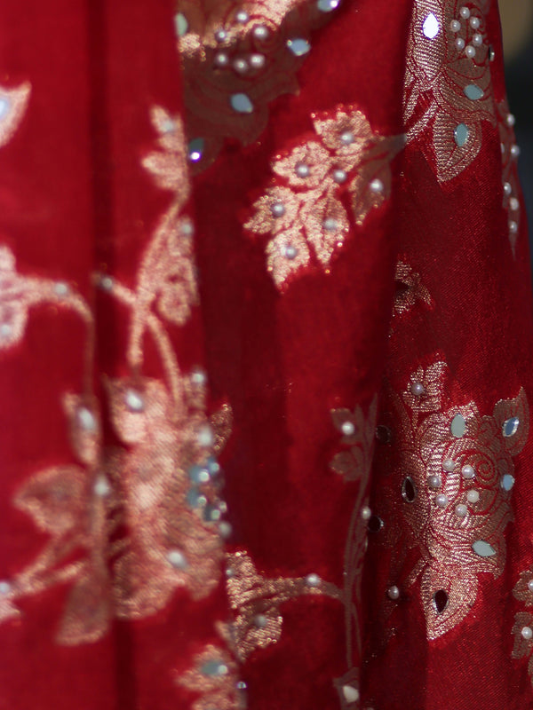 Banarasee Chiffon Saree With Hand Embroidered Mirror Work Zari Woven Design & Contrast Border-Red & Cream