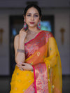 Banarasee Handwoven Organza Mix Saree With Resham Zari Work & Contrast Border-Yellow