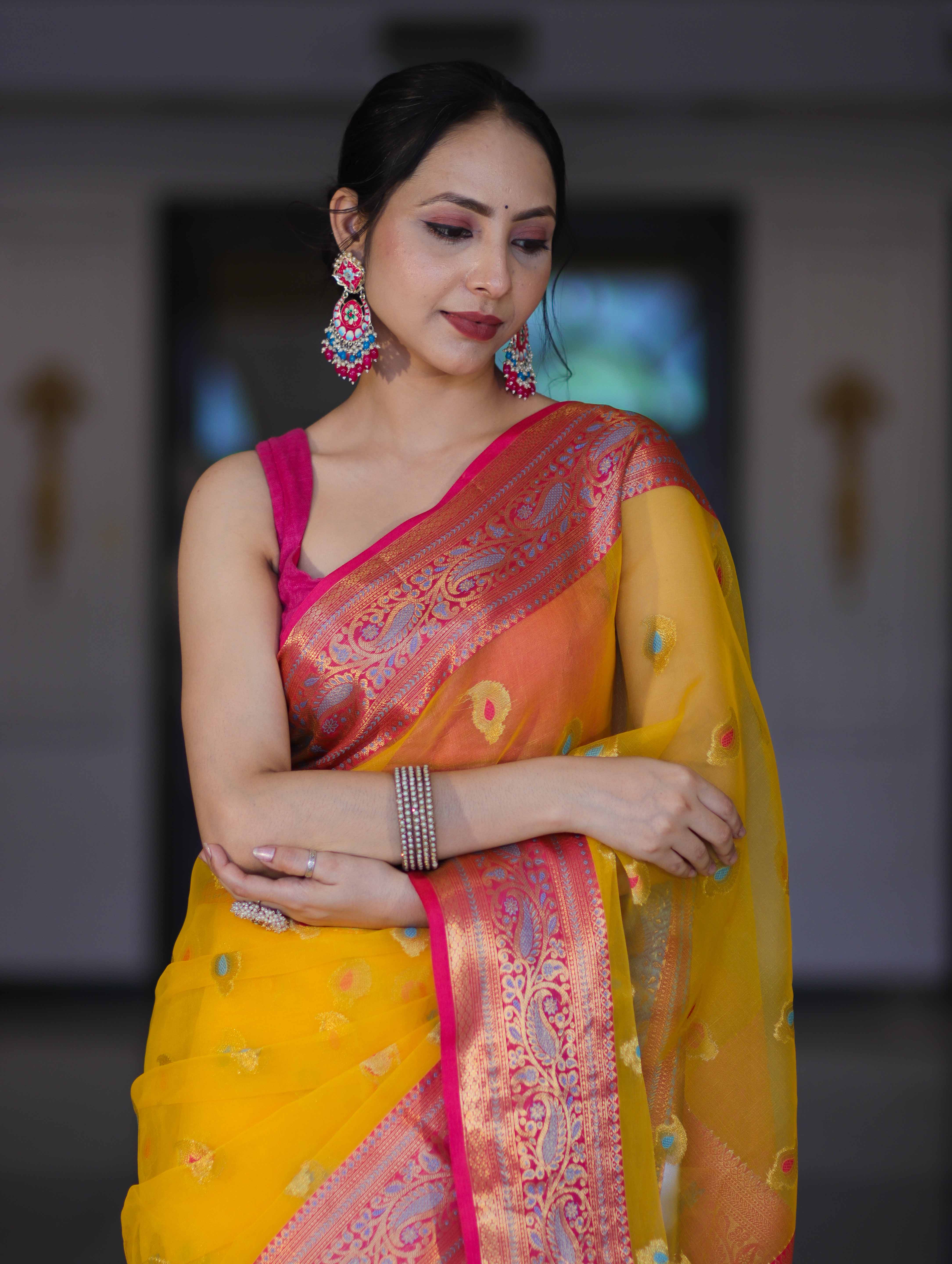 Banarasee Handwoven Organza Mix Saree With Resham Zari Work & Contrast Border-Yellow