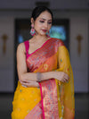 Banarasee Handwoven Organza Mix Saree With Resham Zari Work & Contrast Border-Yellow