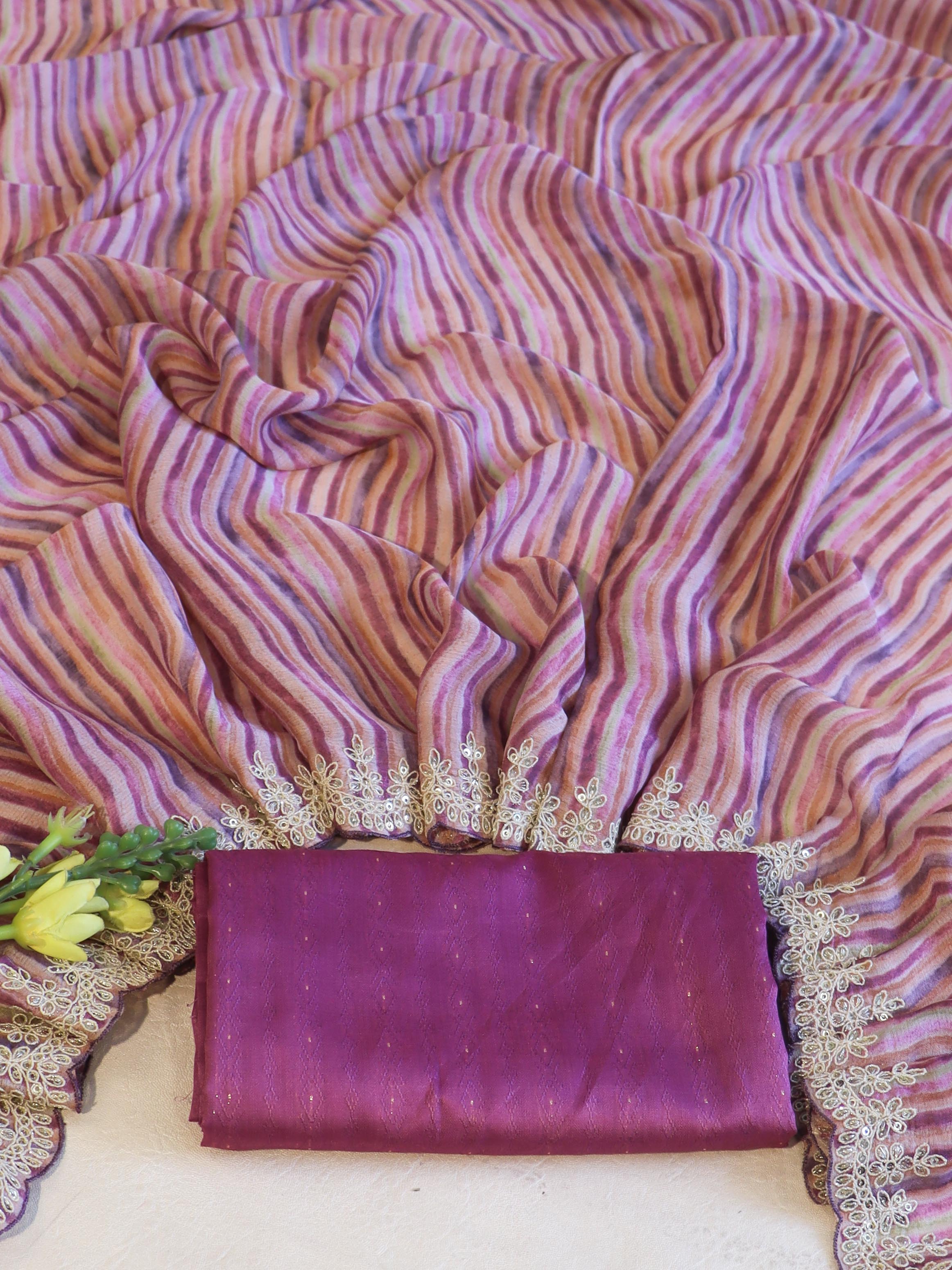 Banarasee Digital Printed Chiffon Saree With Handwork & Scallop Border-Pink