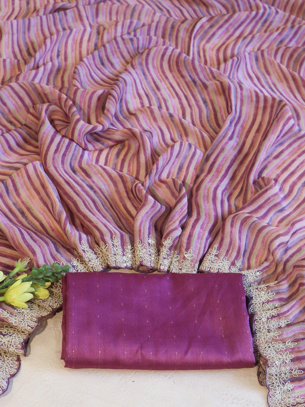 Banarasee Digital Printed Chiffon Saree With Handwork & Scallop Border-Pink