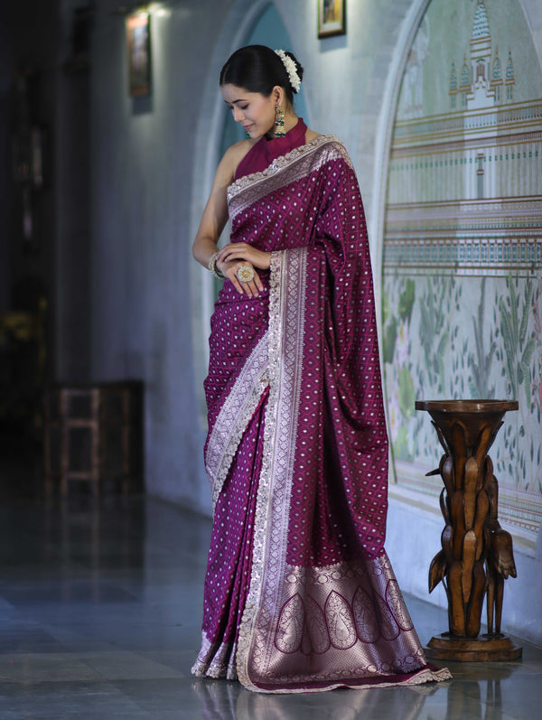 Banarasee Handloom Mashru Silk Saree With Zari Buti Design & Lace Border-Magenta
