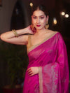 Banarasee Handwoven Silk Cotton Saree Antique Zari Buti & Border With Lace-Pink