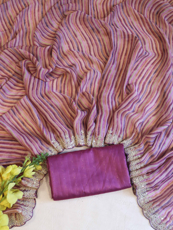 Banarasee Digital Printed Chiffon Saree With Handwork & Scallop Border-Pink