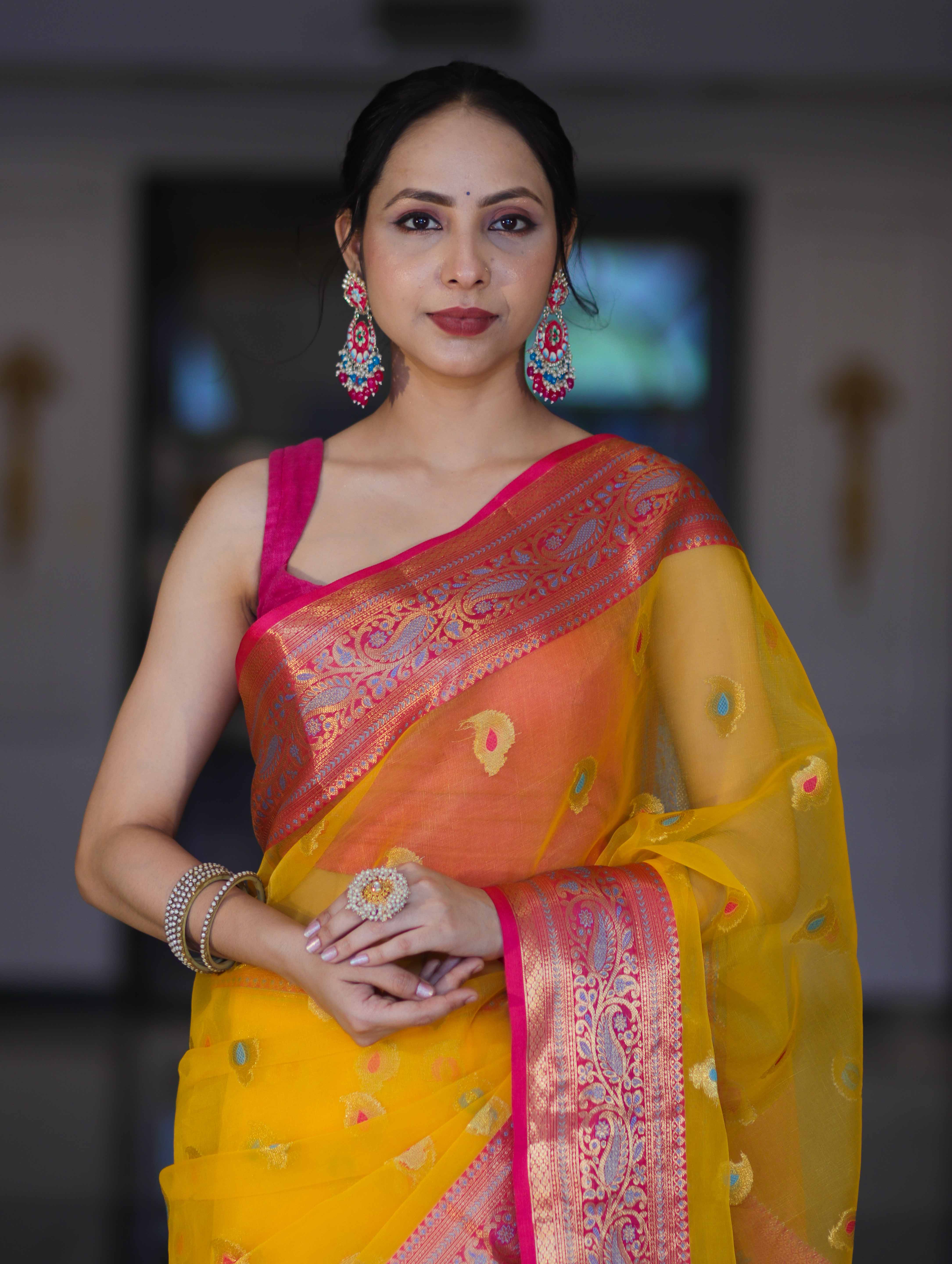Banarasee Handwoven Organza Mix Saree With Resham Zari Work & Contrast Border-Yellow