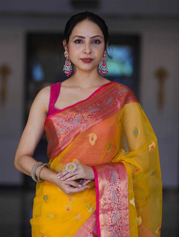 Banarasee Handwoven Organza Mix Saree With Resham Zari Work & Contrast Border-Yellow
