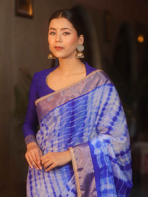 Banarasee Handwoven Semi Silk Shibori Dye Saree With Zari Border-Blue & White