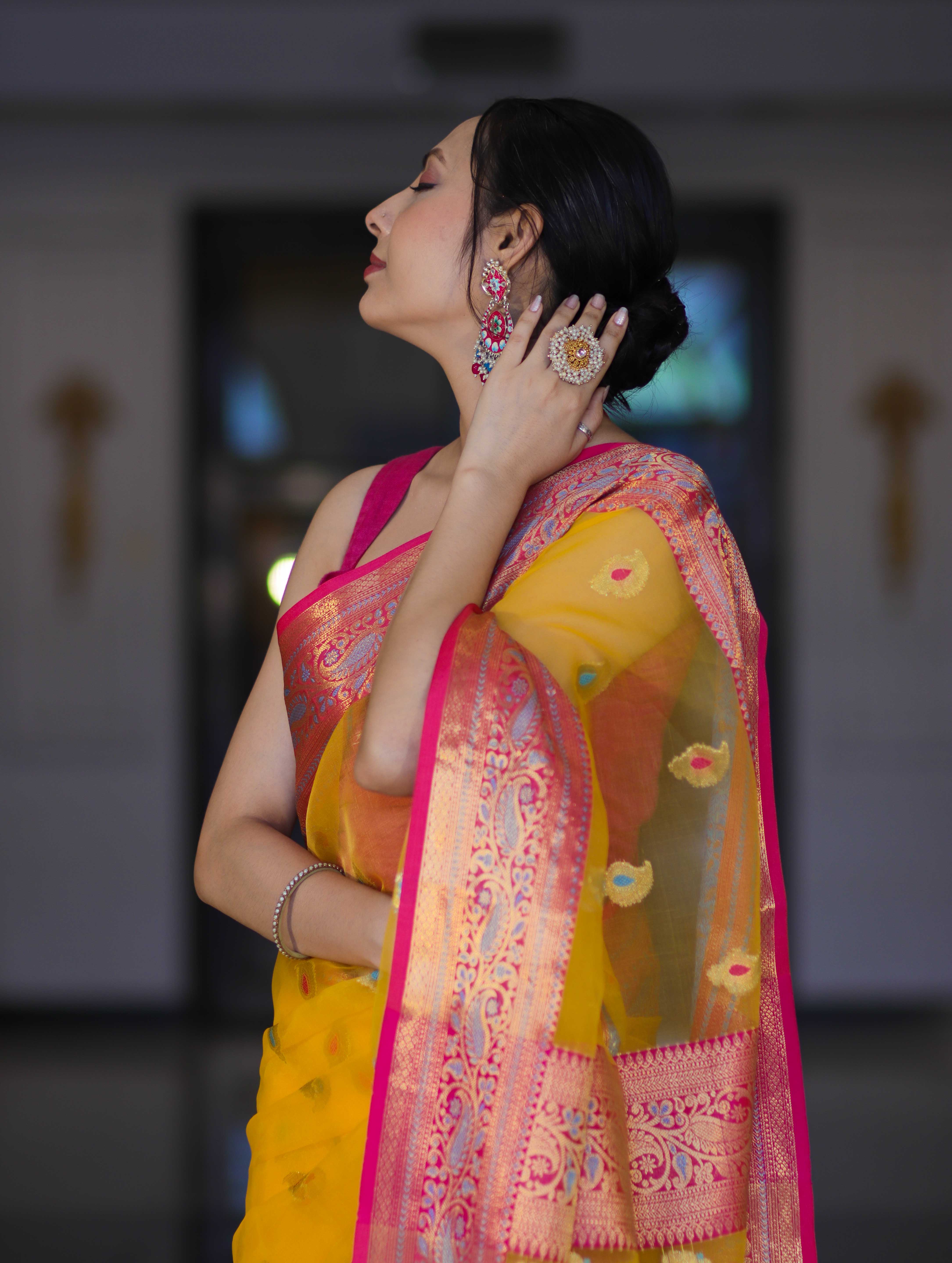 Banarasee Handwoven Organza Mix Saree With Resham Zari Work & Contrast Border-Yellow