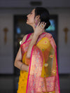 Banarasee Handwoven Organza Mix Saree With Resham Zari Work & Contrast Border-Yellow