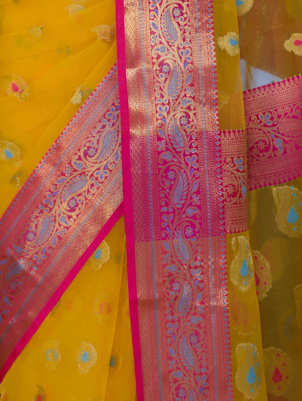 Banarasee Handwoven Organza Mix Saree With Resham Zari Work & Contrast Border-Yellow