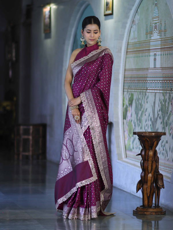 Banarasee Handloom Mashru Silk Saree With Zari Buti Design & Lace Border-Magenta