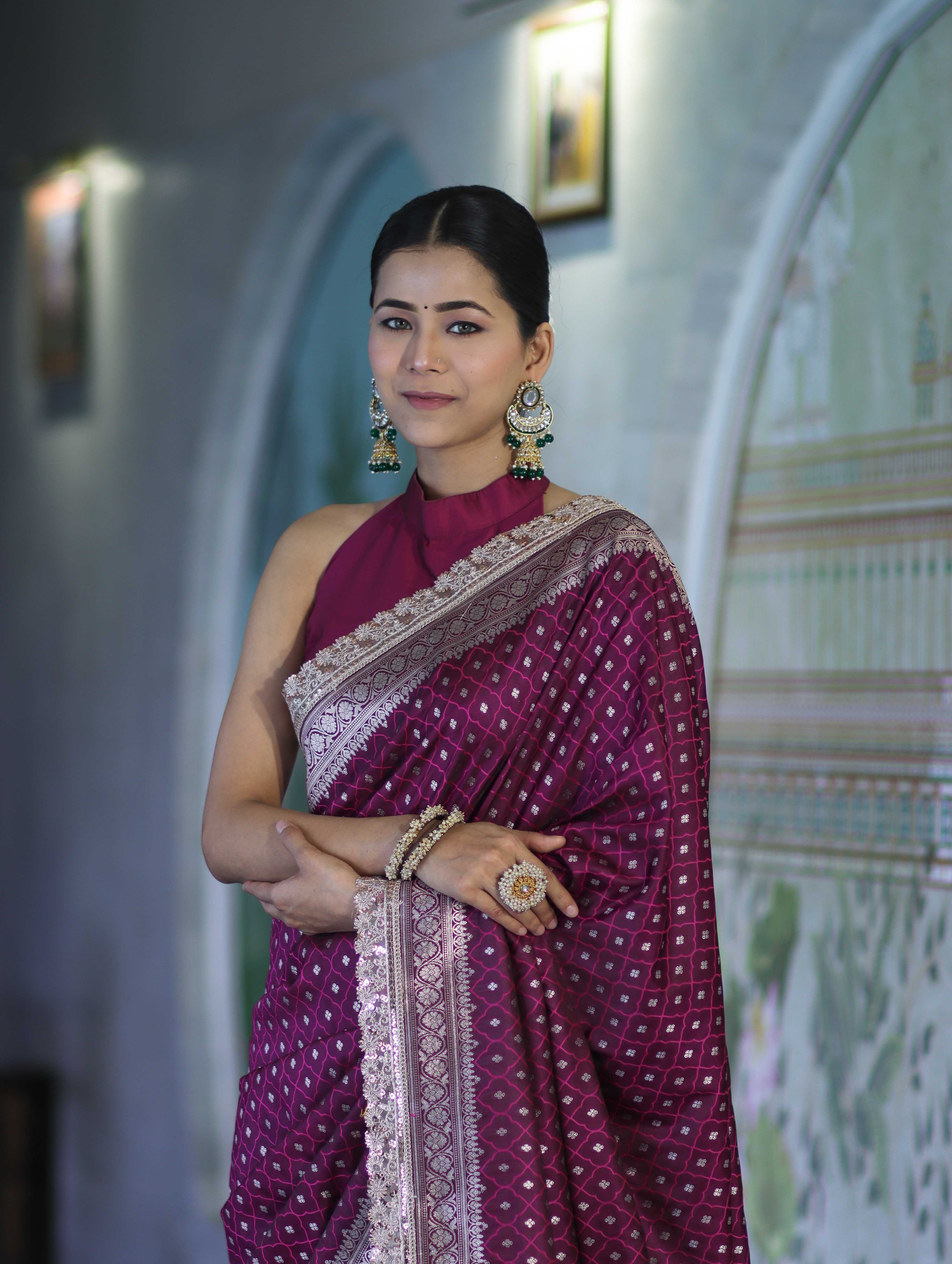 Banarasee Handloom Mashru Silk Saree With Zari Buti Design & Lace Border-Magenta