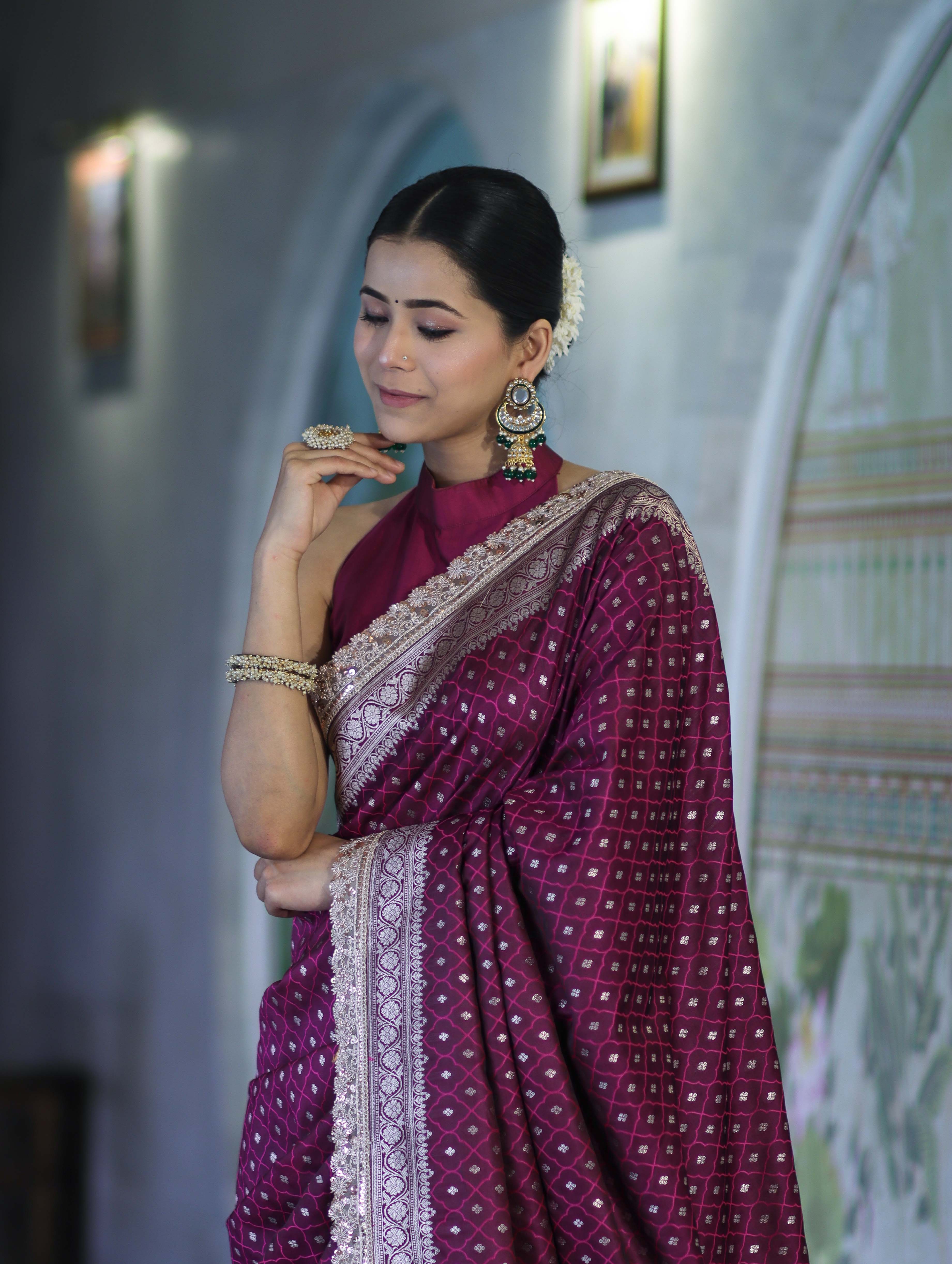 Banarasee Handloom Mashru Silk Saree With Zari Buti Design & Lace Border-Magenta