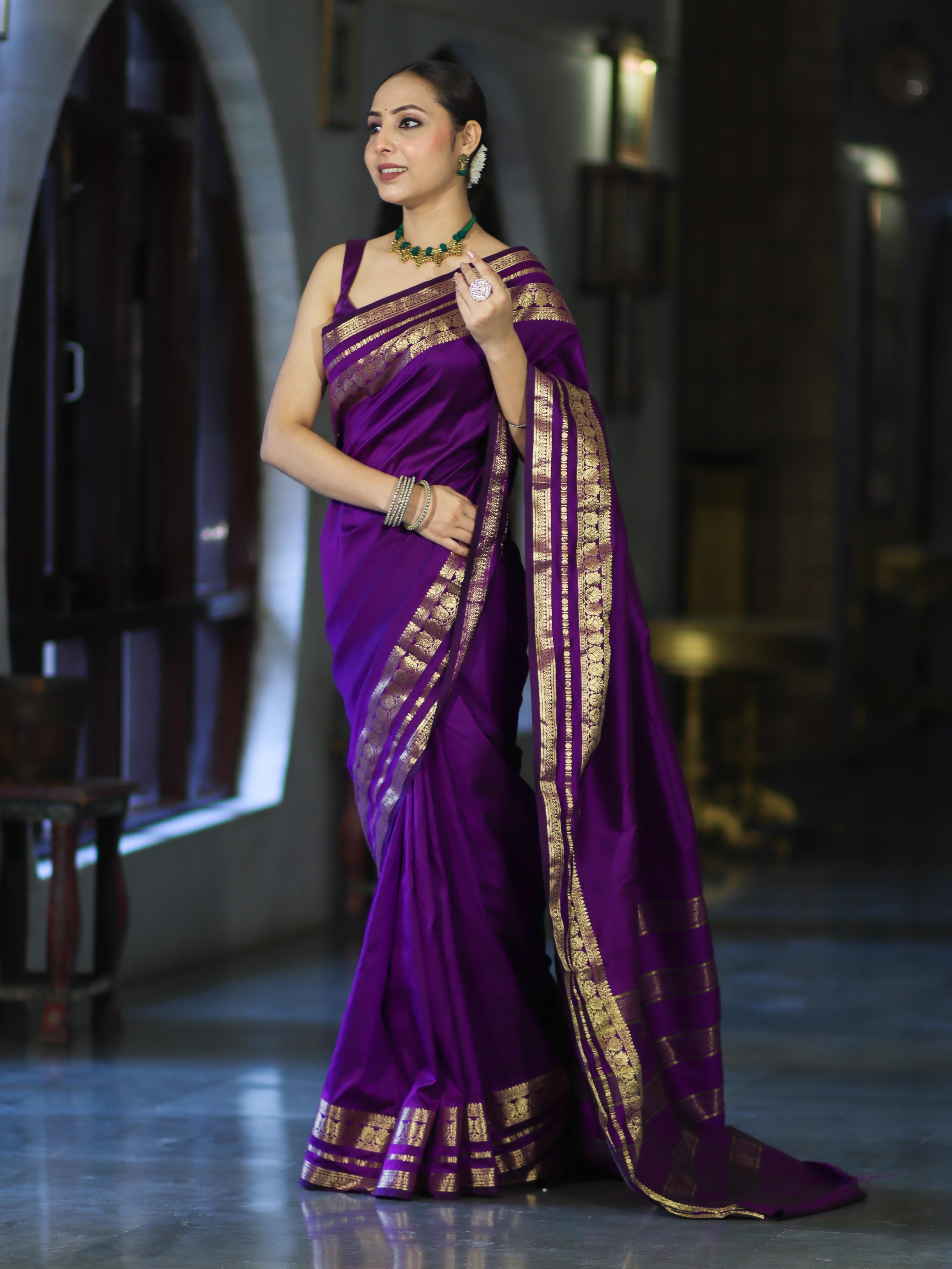 Banarasee Handloom Semi Silk Plain Saree With Zari Work Border-Violet
