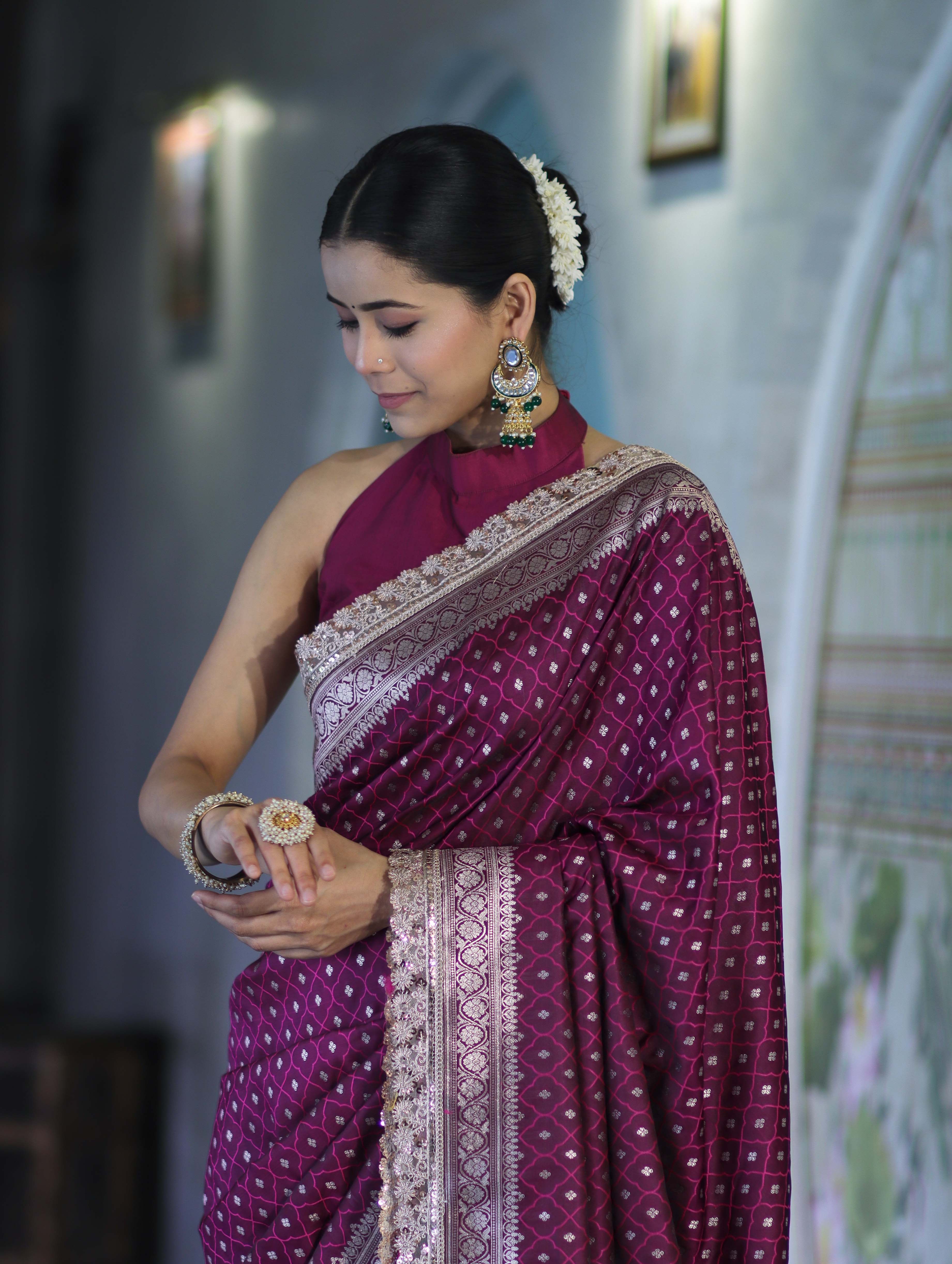 Banarasee Handloom Mashru Silk Saree With Zari Buti Design & Lace Border-Magenta