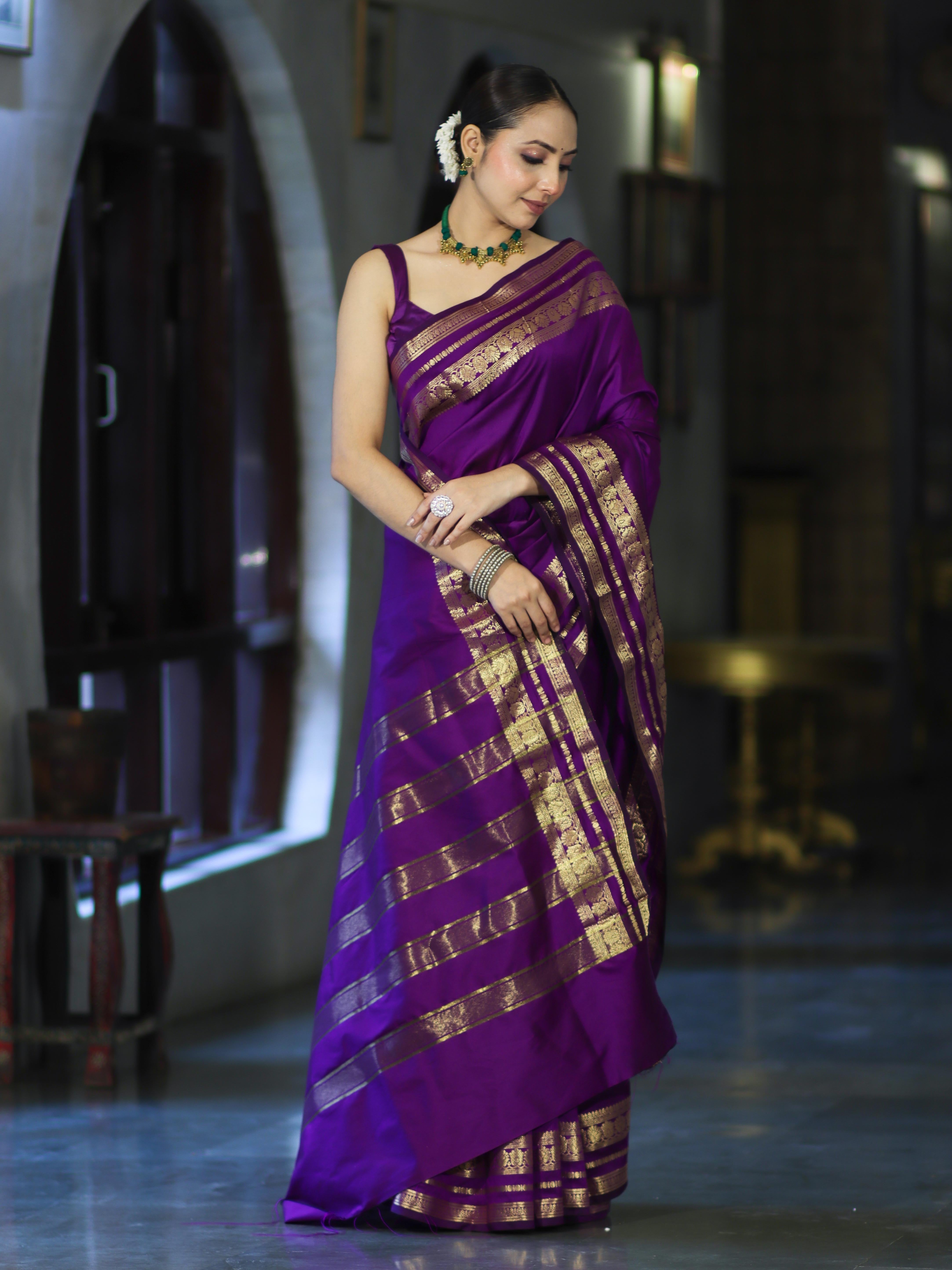 Banarasee Handloom Semi Silk Plain Saree With Zari Work Border-Violet