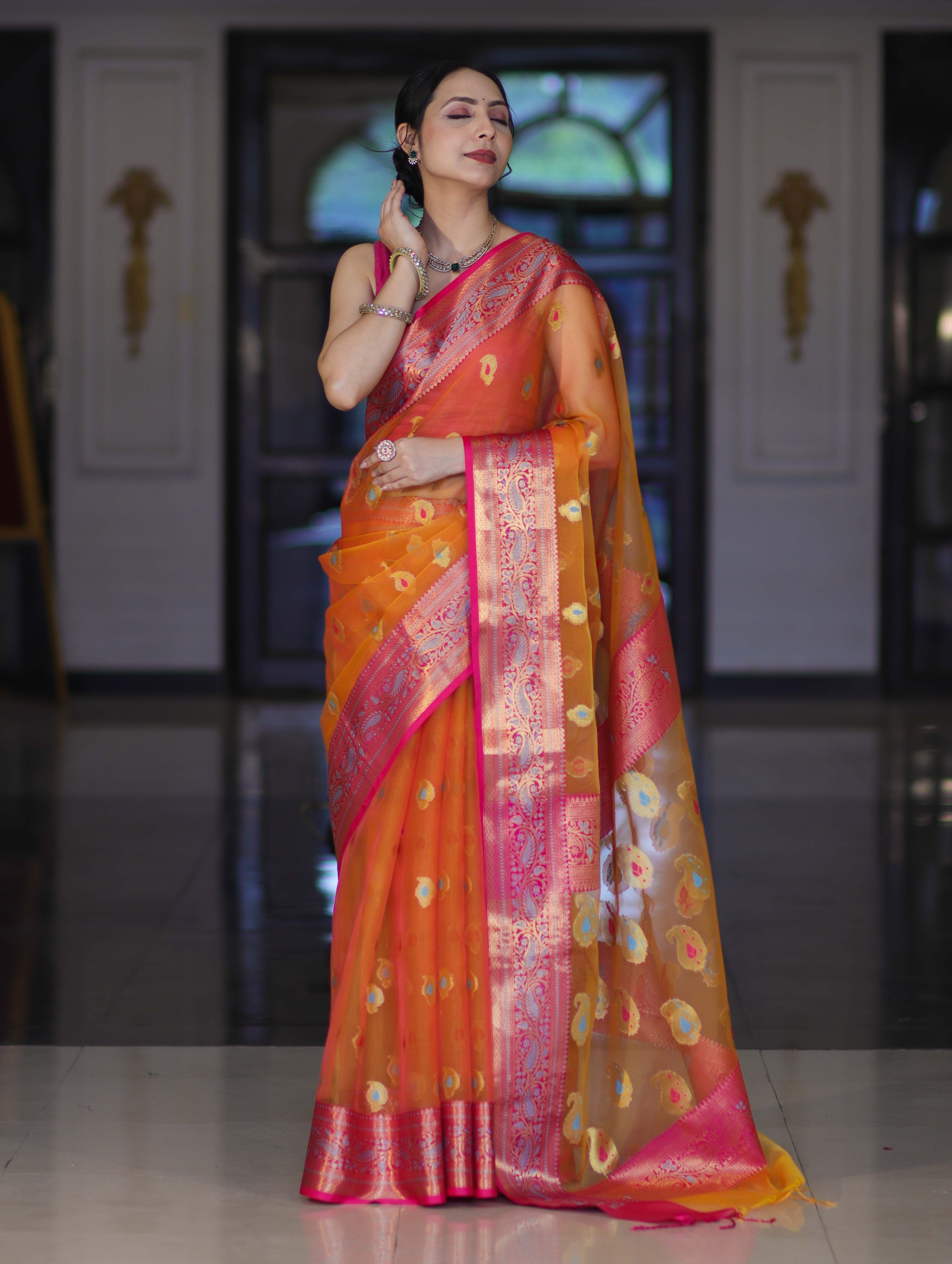 Banarasee Handwoven Organza Mix Saree With Resham Zari Work & Contrast Border-Orange