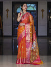 Banarasee Handwoven Organza Mix Saree With Resham Zari Work & Contrast Border-Orange