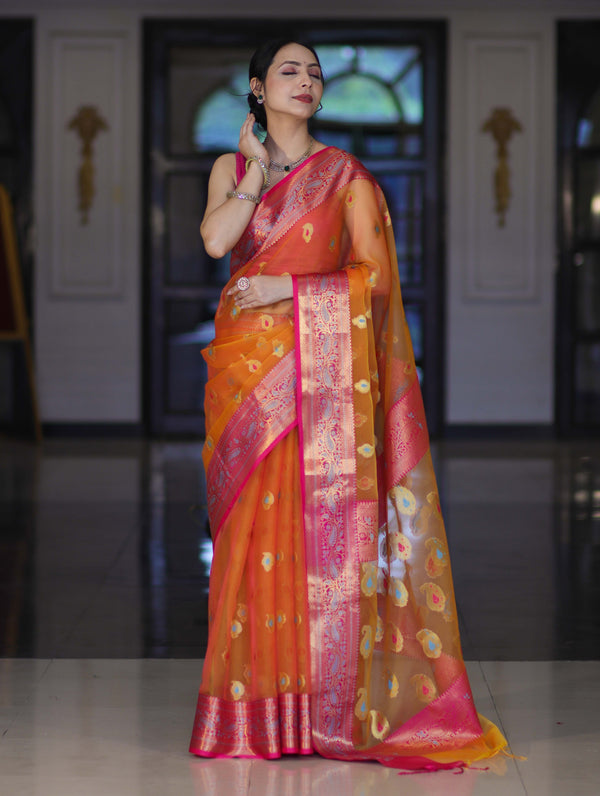 Banarasee Handwoven Organza Mix Saree With Resham Zari Work & Contrast Border-Orange