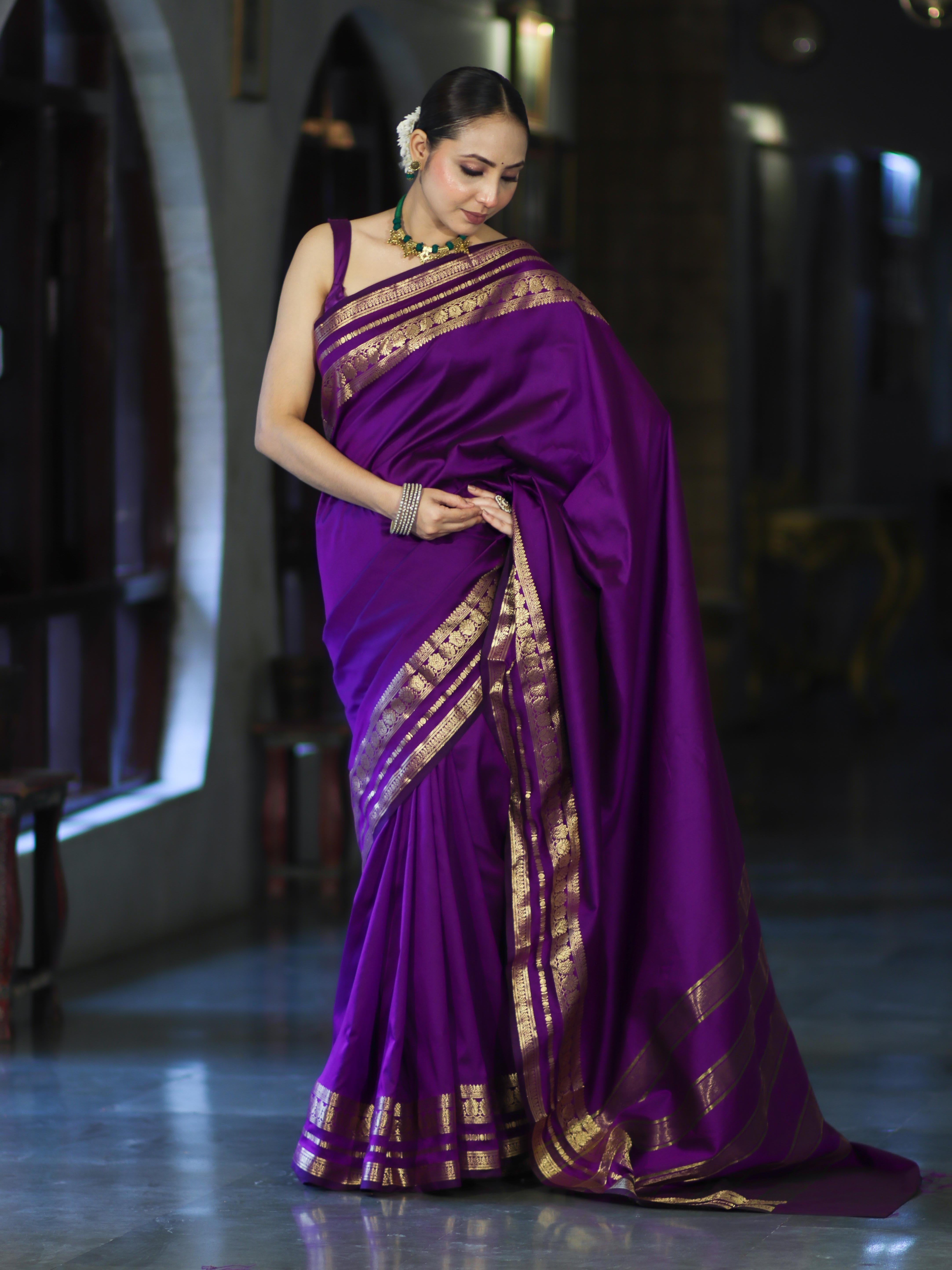 Banarasee Handloom Semi Silk Plain Saree With Zari Work Border-Violet