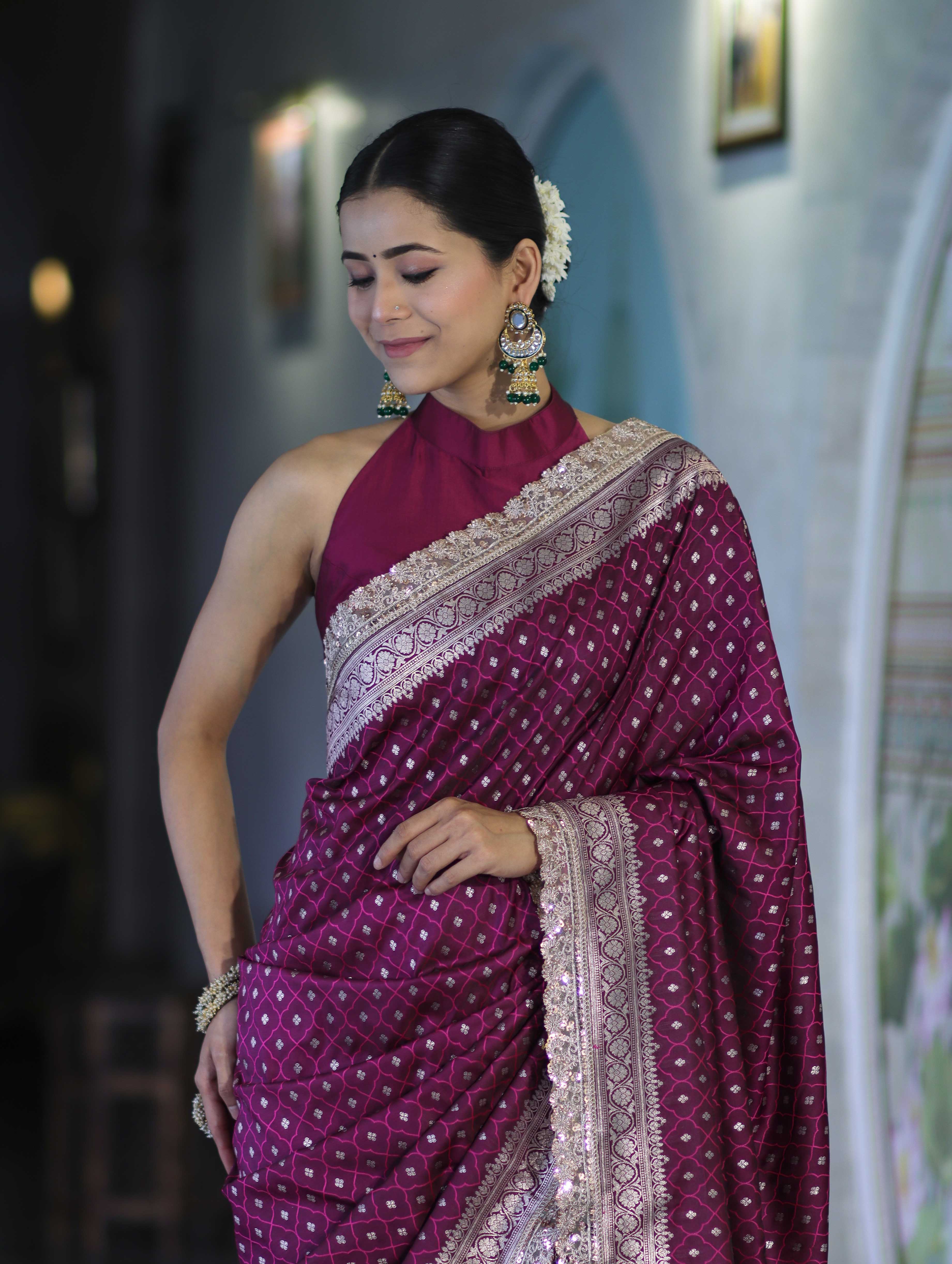 Banarasee Handloom Mashru Silk Saree With Zari Buti Design & Lace Border-Magenta