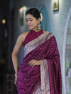 Banarasee Handloom Mashru Silk Saree With Zari Buti Design & Lace Border-Magenta