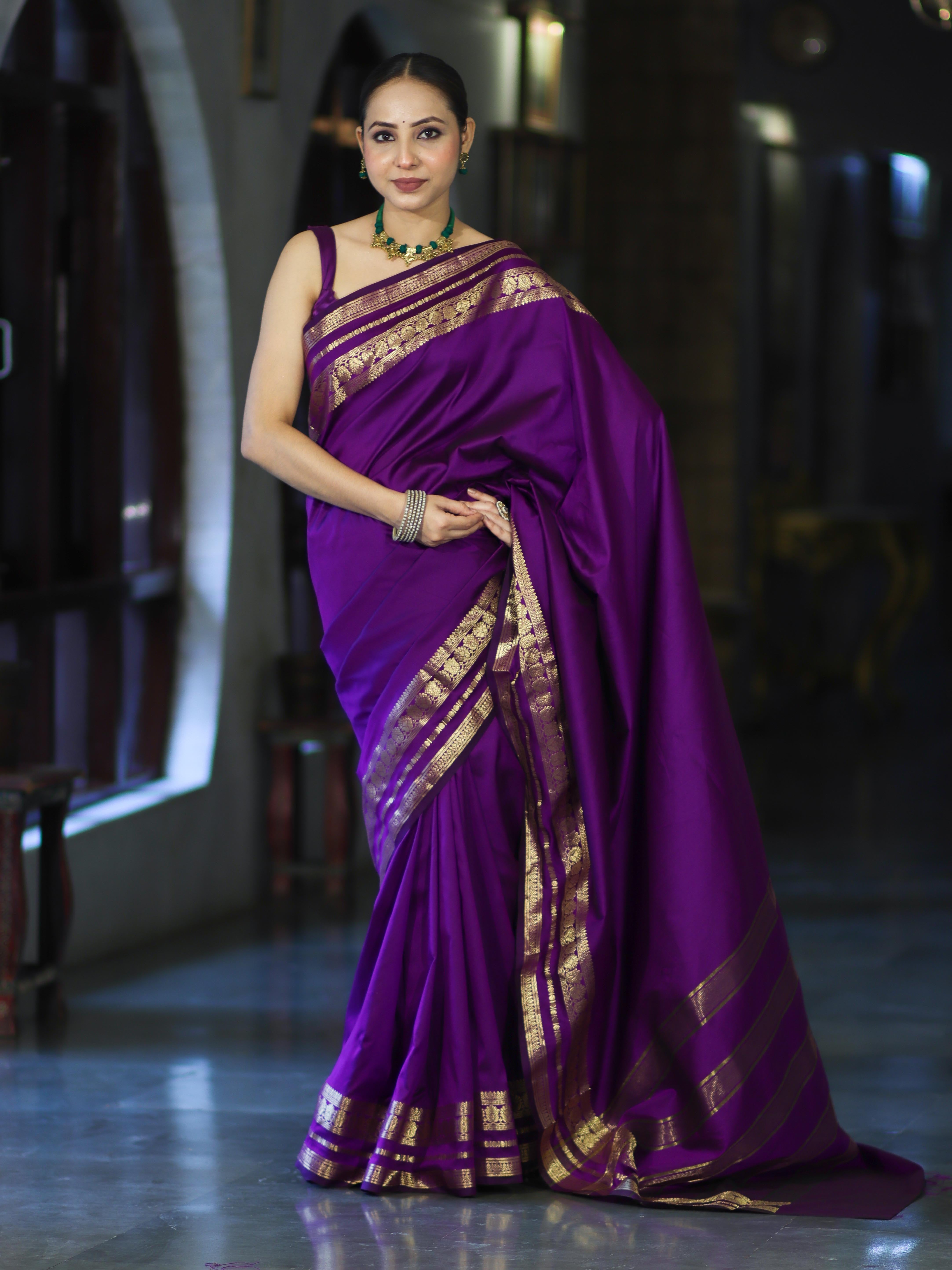 Banarasee Handloom Semi Silk Plain Saree With Zari Work Border-Violet